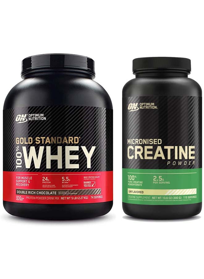 Optimum Nutrition عرض حزمة حصرية - مسحوق بروتين مصل اللبن 100% معيار الذهب 5 أرطال بنكهة الشوكولاتة الغنية المزدوجة ومسحوق الكرياتين المجهرية بدون نكهة 300 جرام 115 حصة - Image 1